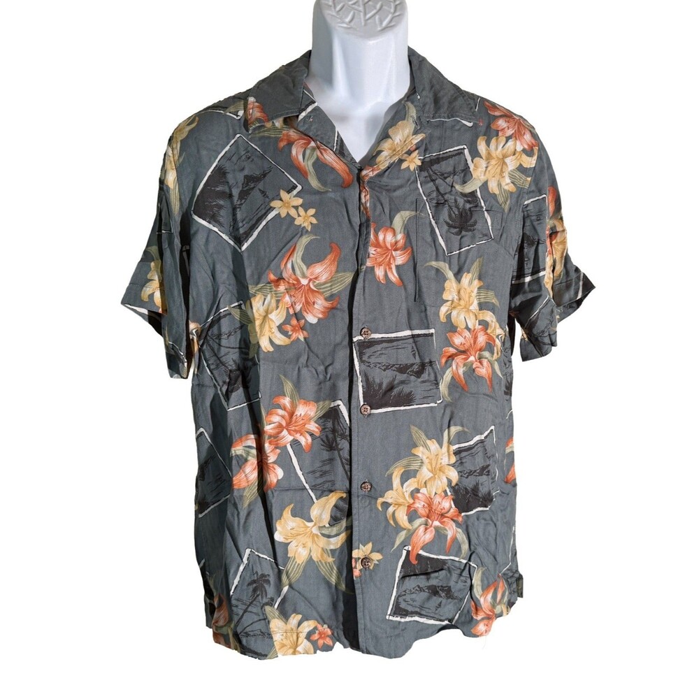 FIRST WAVE Men's Short Sleeve Button Down Floral Rayon Shirt‎ Gray Size 18